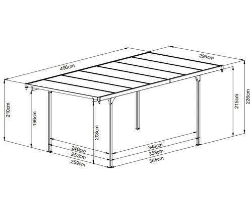 Technický výkres přístřešku pro auto s rozměry