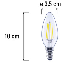 Rozměry LED svítidla ve tvaru svíčky s paticí E14, délka 10 cm a průměr 3,5 cm