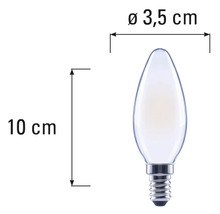 Svíčková žárovka o rozměrech 10 cm délky a 3,5 cm průměru