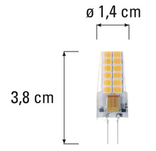 Žárovka G4 LED o rozměrech 3,8 cm délky a 1,4 cm v průměru