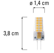 Žárovka G4 o rozměrech 3,8 cm délky a 1,4 cm v průměru