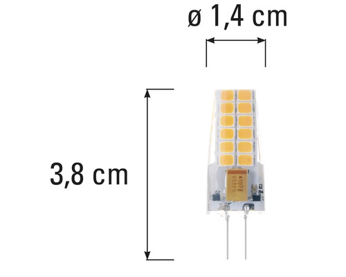 Žárovka G4 o rozměrech 3,8 cm délky a 1,4 cm v průměru