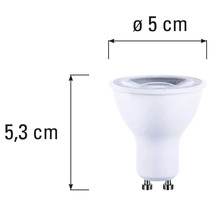Žárovka GU10 o rozměrech 5,3 cm na výšku a 5 cm v průměru