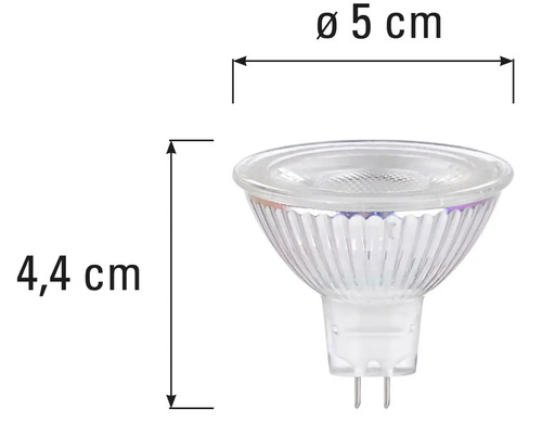 Žárovka MR16 o rozměrech 5 centimetrů v průměru a 4,4 centimetru na délku