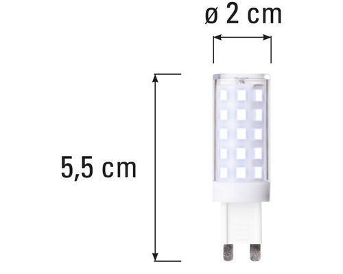 Obrázek LED žárovky G9 o rozměrech 5,5 cm na délku a 2 cm v průměru.