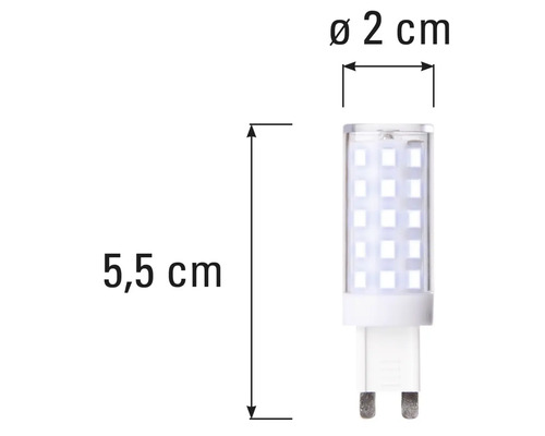 Žárovka G9 LED o rozměrech 5,5 cm délky a 2 cm v průměru