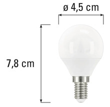 LED žárovka E14 o rozměrech 4,5 cm v průměru a 7,8 cm na výšku