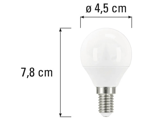 LED žárovka E14 o rozměrech 4,5 cm v průměru a 7,8 cm na výšku