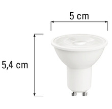 LED žárovka GU10 o rozměrech 5,4 cm na výšku a 5 cm na šířku