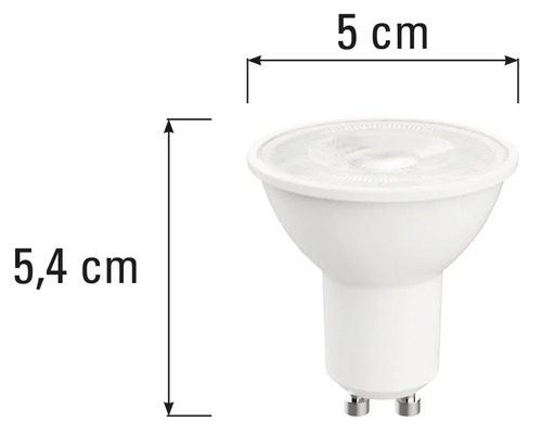 LED žárovka GU10 o rozměrech 5,4 cm na výšku a 5 cm na šířku