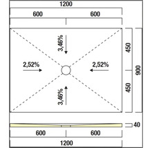 Technický nákres sprchové vaničky s rozměry a údaji o sklonu