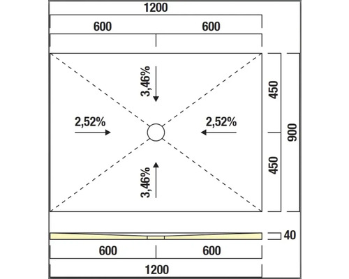 Technický nákres sprchové vaničky s rozměry a údaji o sklonu