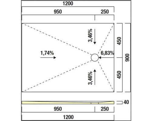 Technický nákres sprchové vaničky s rozměry