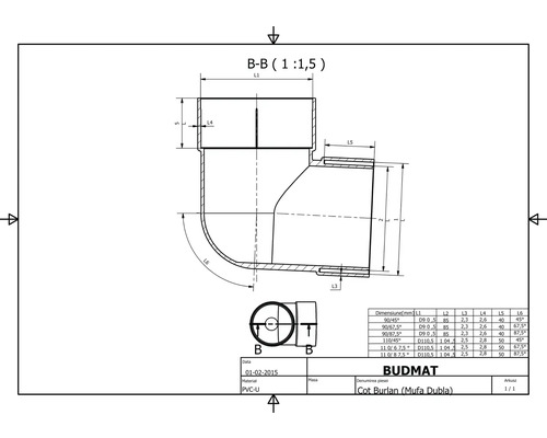 Technický výkres trubkového kolena s rozměry a specifikacemi