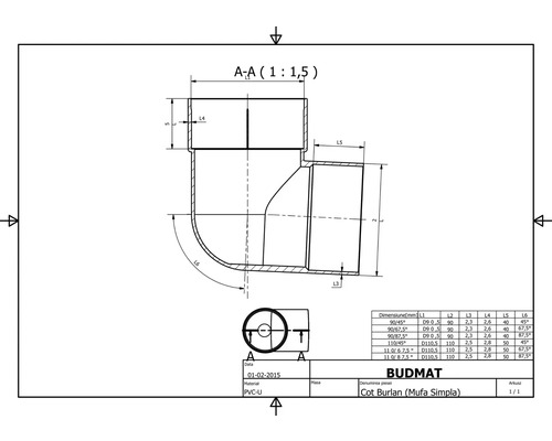 Technický výkres trubkového kolena Budmat