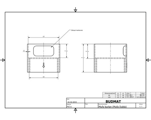 Technický výkres dvojité spojky od společnosti Budmat s rozměry