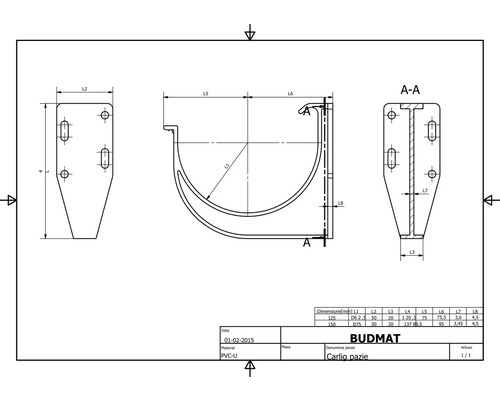 Technický nákres držáku okapu s rozměry