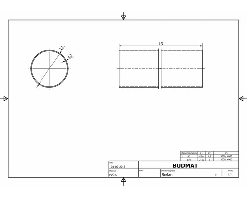 Technický výkres trubky z PVC-U s rozměry
