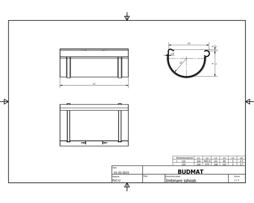 Technický výkres plastového spojovacího prvku okapu
