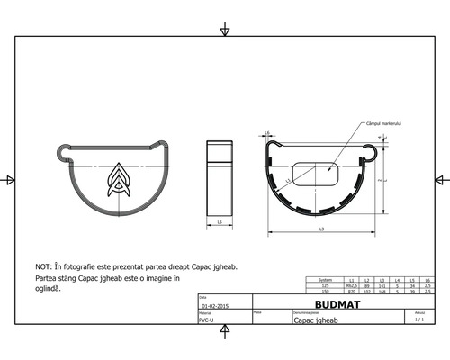 Technický výkres koncovky okapu s rozměry