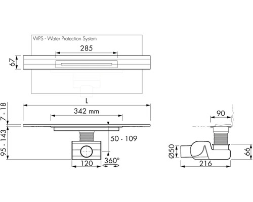 Technický výkres podlahového vpusti s rozměry
