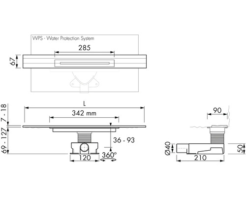 Technický výkres sprchového žlabu s rozměry