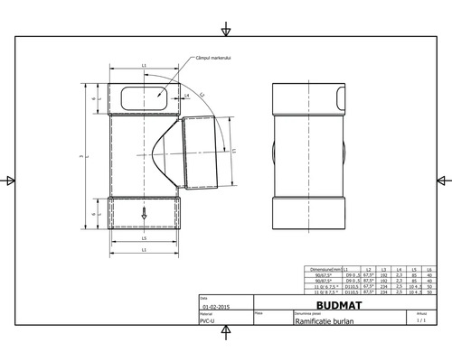 Technický výkres odbočky okapu s rozměry