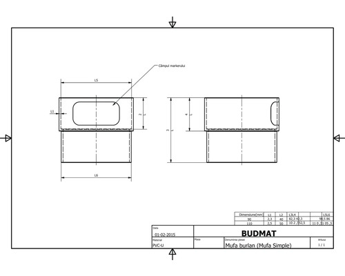 Technický nákres trubkového kolena s rozměry