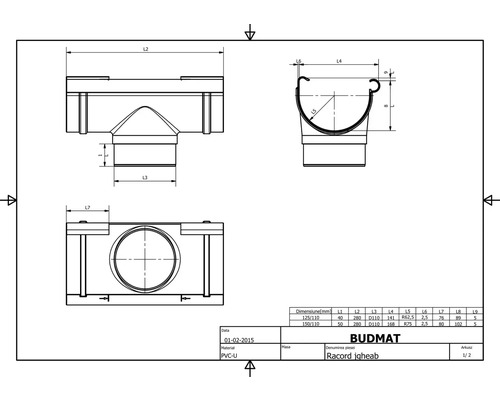 Technický výkres spojky okapového žlabu s rozměry