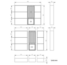 Technický výkres koupelňové skříňky s umyvadlem a rozměry.
