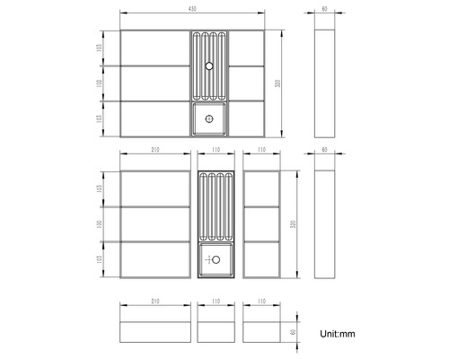 Technický výkres koupelňové skříňky s umyvadlem a rozměry.