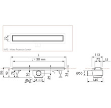 Technický nákres sprchového žlabu s rozměry
