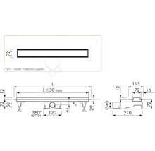 Technický nákres sprchového žlabu s rozměry