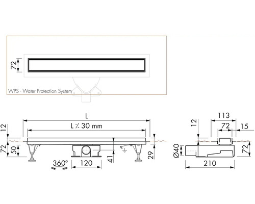 Technický nákres sprchového žlabu s rozměry