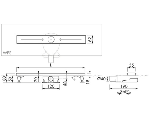 Technický výkres sprchového žlabu s rozměry