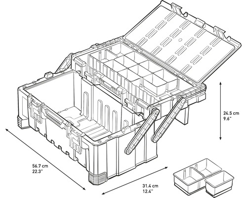 Otevřený box na nářadí s přihrádkami a rozměry