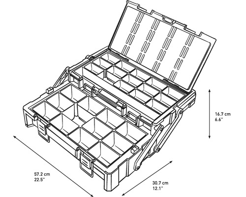 Otevřený kufřík na nářadí s několika přihrádkami a údaji o velikosti.