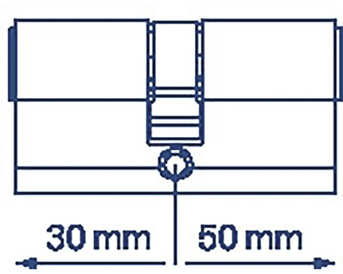 Nákres cylindrického zámku o rozměrech 30 mm a 50 mm.
