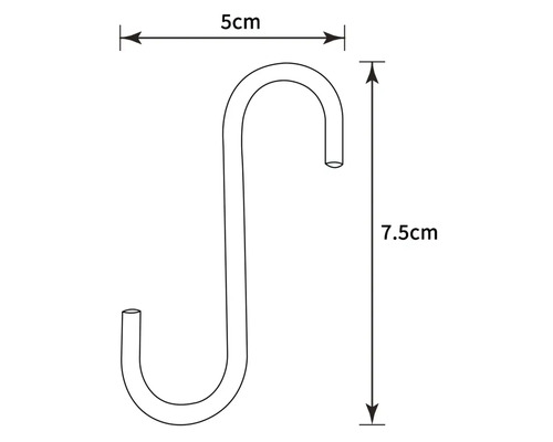Obrázek háčku ve tvaru S s rozměry: šířka 5 cm a výška 7,5 cm