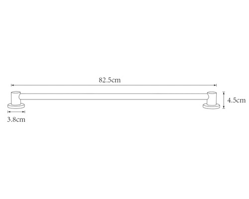 Technický nákres tyče na ručníky o rozměrech 82,5 cm délka, 4,5 cm výška a 3,8 cm hloubka.