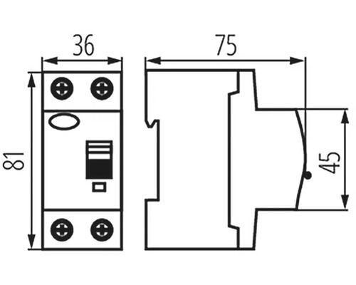 Technický výkres proudového chrániče s rozměry