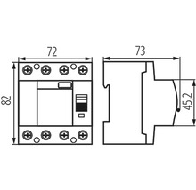 Technický nákres proudového chrániče s rozměry.
