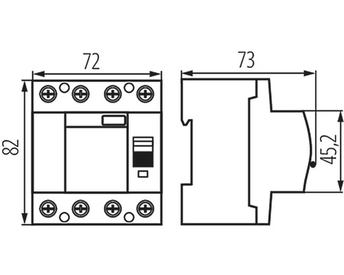 Technický nákres proudového chrániče s rozměry.