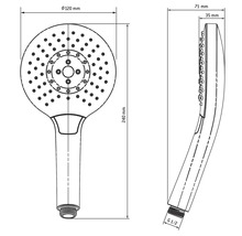 Technický výkres ruční sprchové hlavice o rozměrech 120 milimetrů v průměru, 240 milimetrů na délku a s připojením G 1/2