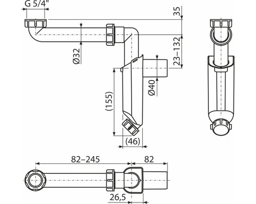 Technický nákres sifonu s rozměry