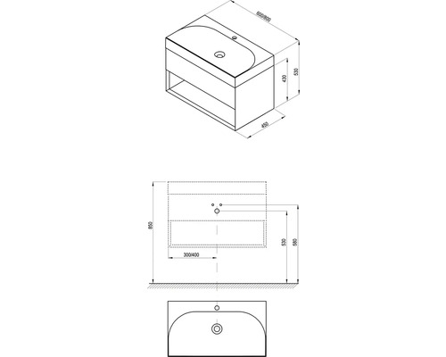 Nákres skříňky pod umyvadlo s rozměry