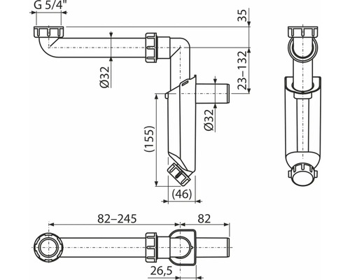 Technický výkres sifonu s rozměry