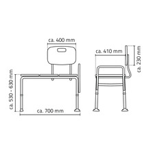 Technický výkres sprchové židle s rozměry