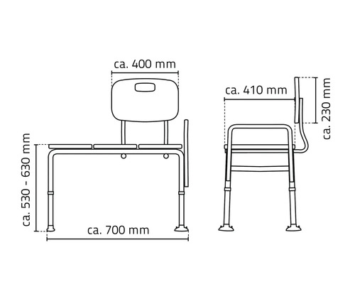 Technický výkres sprchové židle s rozměry