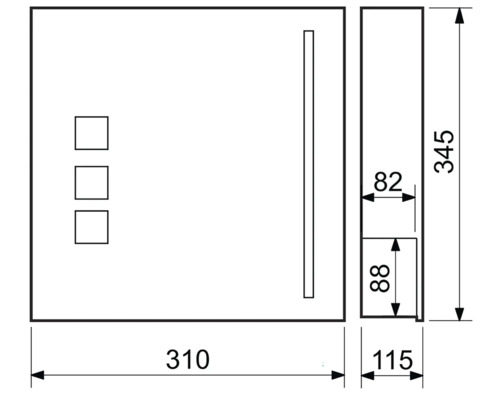Technický výkres zrcadlové skříňky s rozměry